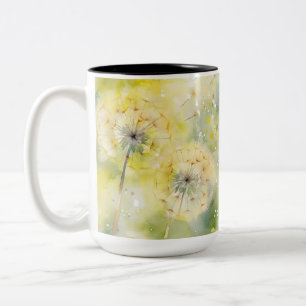Caneca De Café Em Dois Tons FLORES DE DANDELION DE COR DE ÁGUA bonito PASTEL