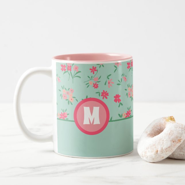 Caneca De Café Em Dois Tons Flores de Densidade Rosa Monogramas (Com Donut)