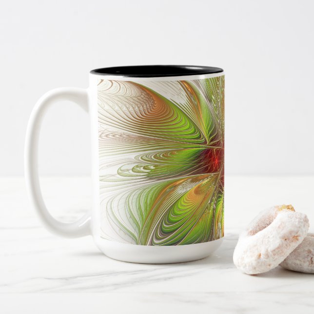 Caneca De Café Em Dois Tons Flores de fantasia fractal suaves e tenra (Com Donut)