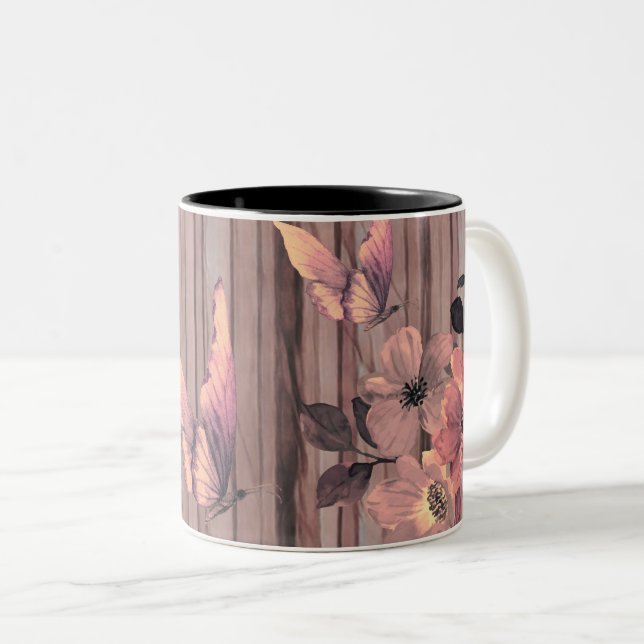 Caneca De Café Em Dois Tons Flores de madeira e borboletas russas (Frente Esquerda)