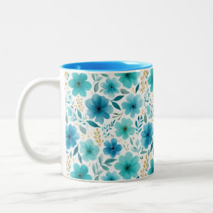 Caneca De Café Em Dois Tons Flores de Mola Elegantes Flores Azuis De Aquarela