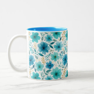 Caneca De Café Em Dois Tons Flores de Mola Elegantes Flores Azuis De Aquarela