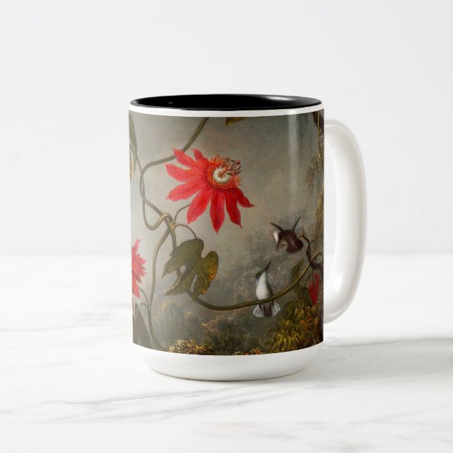 Caneca De Café Em Dois Tons Flores de Paixão com Pássaros Hummingbird (Frente Esquerda)