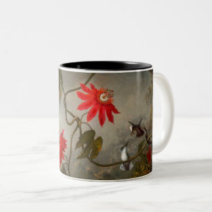 Caneca De Café Em Dois Tons Flores de Paixão com Pássaros Hummingbird