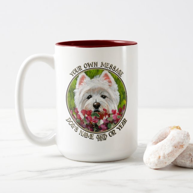 Caneca De Café Em Dois Tons Flores de Westie e Rosa (Com Donut)