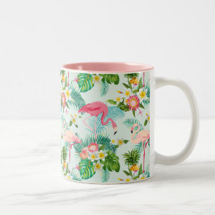 Caneca De Café Em Dois Tons Flores E Aves Tropicais Vintage
