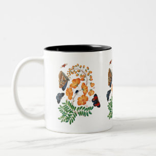 Caneca De Café Em Dois Tons Flores e borboletas de laranja