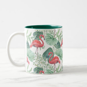 Caneca De Café Em Dois Tons Flores e folhas cor de água rosa.