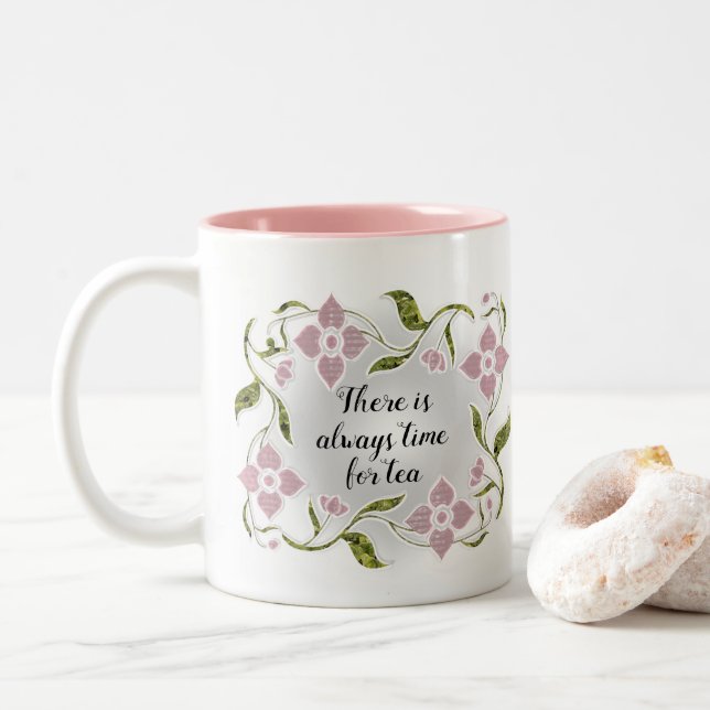 Caneca De Café Em Dois Tons Flores e Vinhas Rosa, Horário Femininas Elegantes (Com Donut)