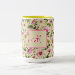 Caneca De Café Em Dois Tons Flores Elegantes De Mola Com Monograma