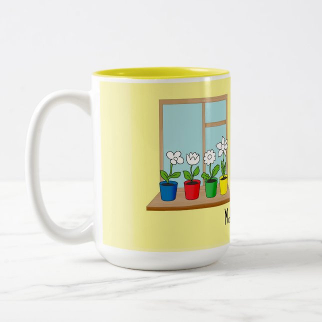 Caneca De Café Em Dois Tons flores em vasos na janela (Esquerda)