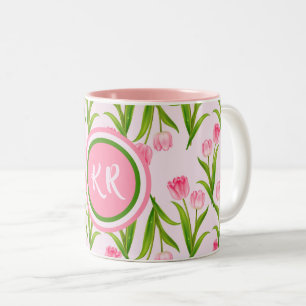 Caneca De Café Em Dois Tons Flores Florais bonito De Tulipas Rosa Deixam Monog