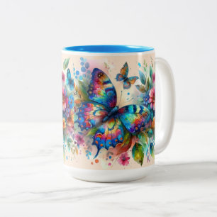 Caneca De Café Em Dois Tons Flores Florais De Borboleta De Aquarela Azul Rosa
