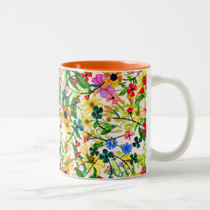 Caneca De Café Em Dois Tons Flores florais primavera, brancas e coloridas