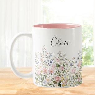Caneca De Café Em Dois Tons Flores Florais Rosa Azul Monograma Aquarela