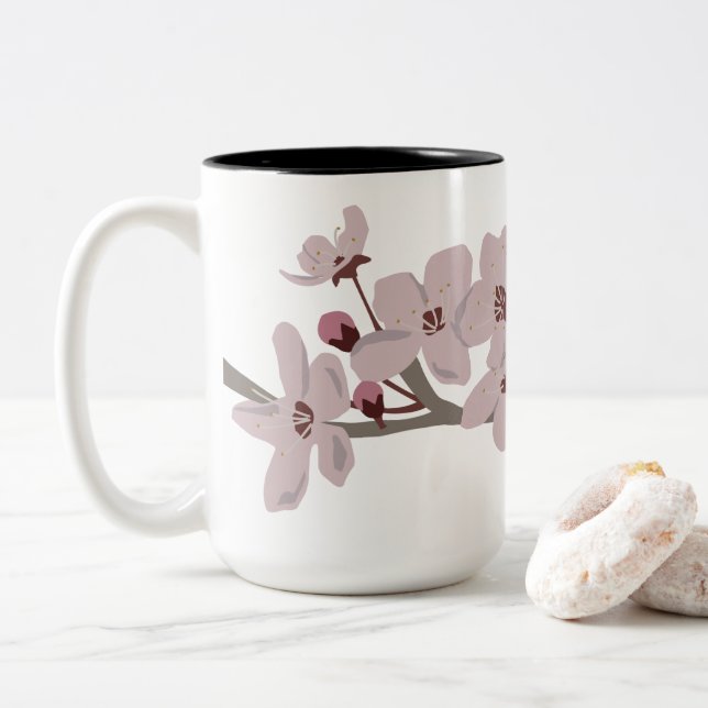Caneca De Café Em Dois Tons Flores Flutuantes De Cereja (Com Donut)