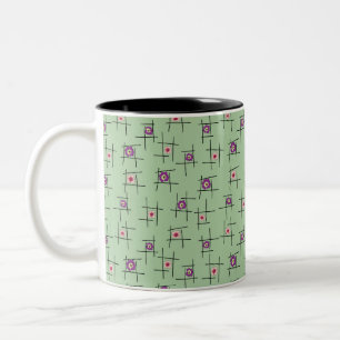 Caneca De Café Em Dois Tons Flores geométricas e paus em fundo verde