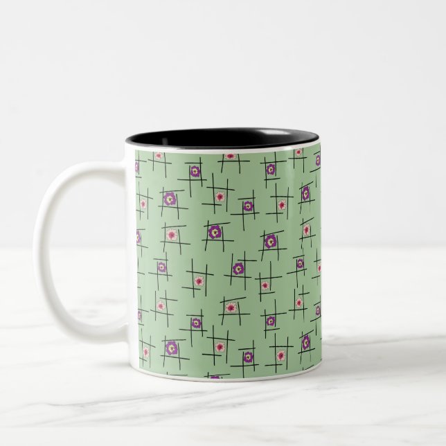 Caneca De Café Em Dois Tons Flores geométricas e paus em fundo verde (Esquerda)