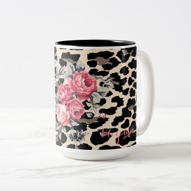 Caneca De Café Em Dois Tons Flores Modernas Bonitas Sobre Leopardo Personaliza (Frente Esquerda)