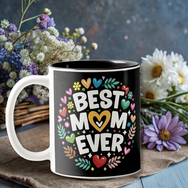 Caneca De Café Em Dois Tons flores modernas, melhor mãe de sempre (Criador carregado)