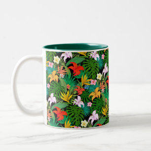 Caneca De Café Em Dois Tons Flores Multicoloridas & Folhas de Palmeira em Pret
