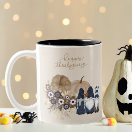 Caneca De Café Em Dois Tons Flores Retro Pumpkins Denim Gnomos Ação de Graças