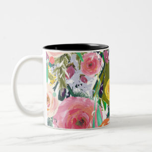 Caneca De Café Em Dois Tons Flores românticas da aguarela do jardim