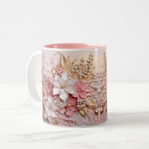 Caneca De Café Em Dois Tons Flores rosa, branca e Dourada 3D e Mug de Berries