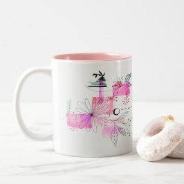 Caneca De Café Em Dois Tons Flores Rosa Geométricas abstrato deixam preto