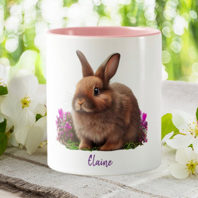 Caneca De Café Em Dois Tons Flores Roxas Coelhinhos Cutis Personalizadas (Criador carregado)