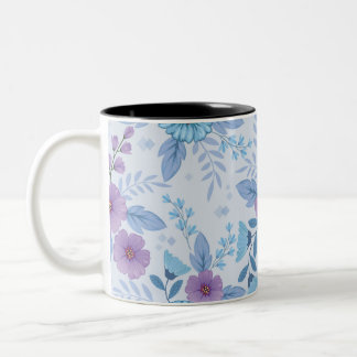 Caneca De Café Em Dois Tons Flores roxas e azuis