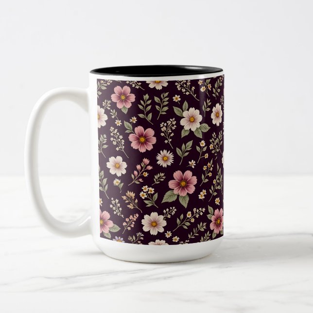 Caneca De Café Em Dois Tons Flores Selvagens Românticas (Esquerda)