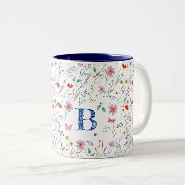 Caneca De Café Em Dois Tons Flores silvestres monograma agudo nome floral (Frente Esquerda)