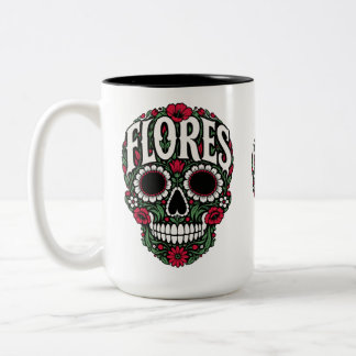 Caneca De Café Em Dois Tons flores sobrenome crânio de açúcar