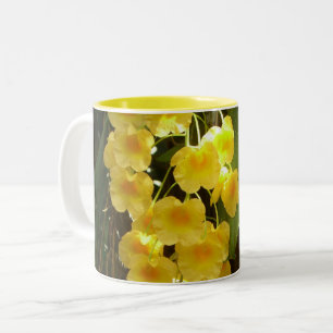 Caneca De Café Em Dois Tons Flores Tropicais das Orquídeas Amarelas