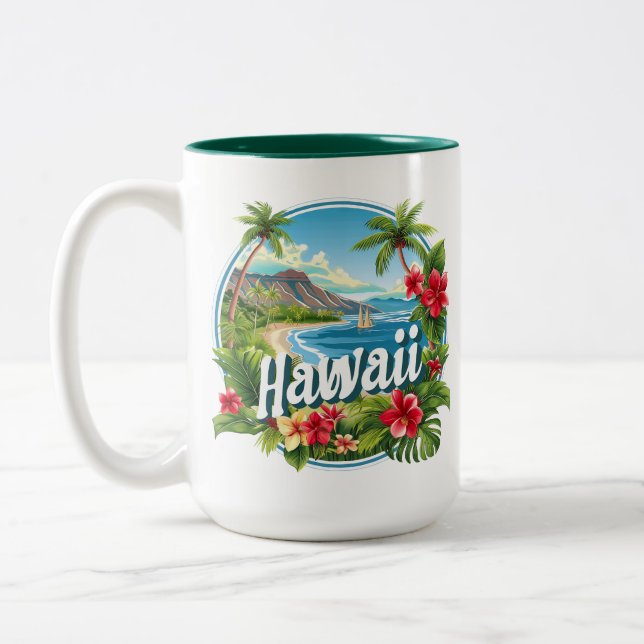 Caneca De Café Em Dois Tons Flores Tropicais Montanhas de Praia Hawaii Viagem  (Esquerda)