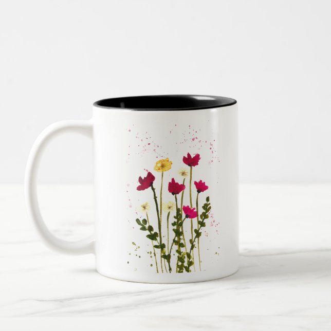 Caneca De Café Em Dois Tons Flores vermelhas amarelas silvestres aquarela (Esquerda)