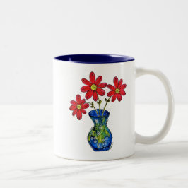 Caneca De Café Em Dois Tons Flores Vermelhas Whimsical em Vaso Azul
