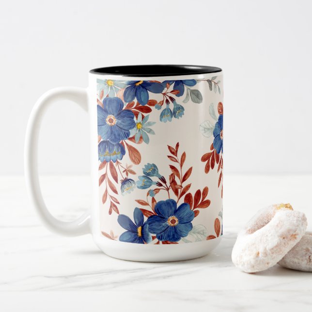 Caneca De Café Em Dois Tons Flores Vibrantes de Aquarela (Com Donut)