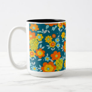 Caneca De Café Em Dois Tons Flores Vibrantes Laranja e Amarelo em Azul Turques