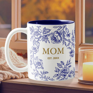 Caneca De Café Em Dois Tons Flores Vintage Toile De Jouy Azul Dia Das Mães 