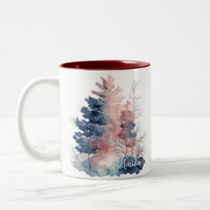 Caneca De Café Em Dois Tons Floresta de Cor da Água Cura Moderna em Azul e Ros
