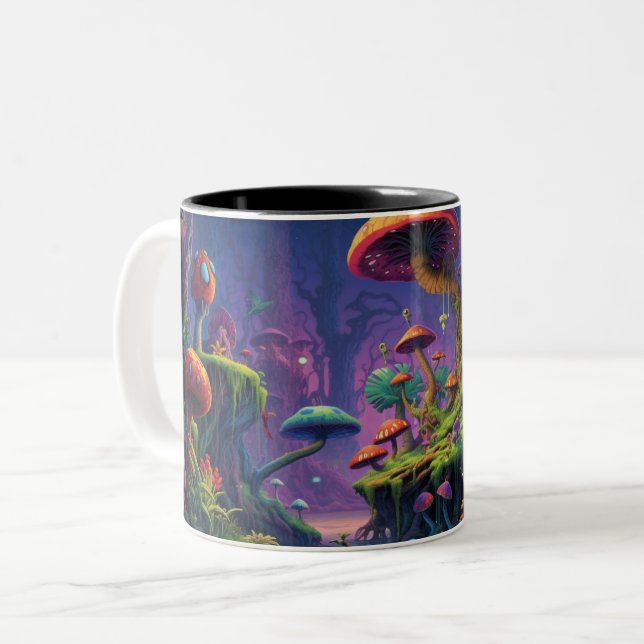Caneca De Café Em Dois Tons Floresta trivial com criatura psicodélica (Frente Esquerda)