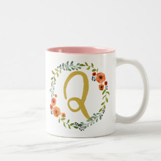 Caneca De Café Em Dois Tons Flower Botânica Dourada Monograma inicial Q