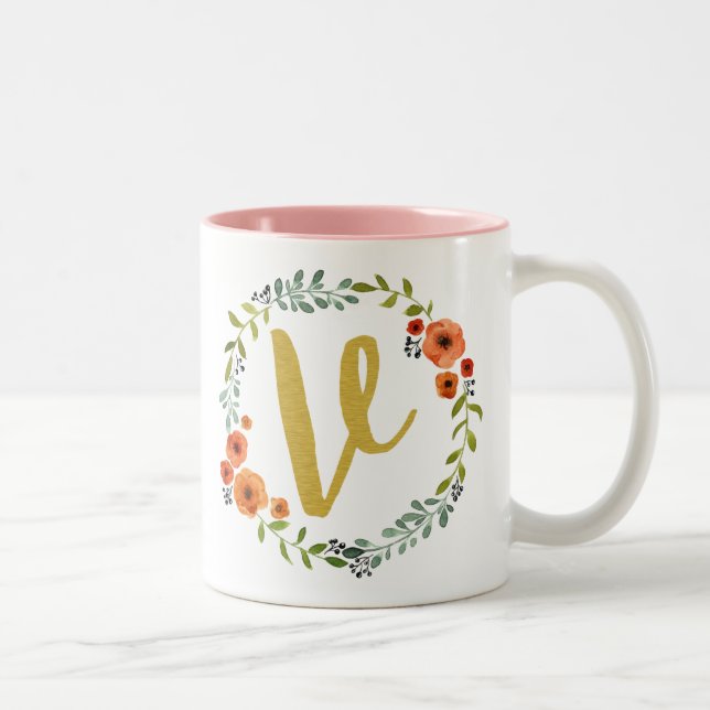 Caneca De Café Em Dois Tons Flower Botânica Monograma Dourado Monograma Inicia (Direita)