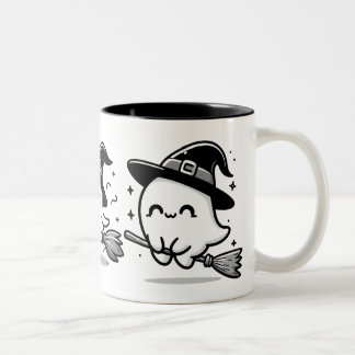 Caneca De Café Em Dois Tons Flying Ghost Witch on Broom Halloween Mug | Double