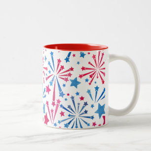 Caneca De Café Em Dois Tons Fogos de Artifício Azul Vermelho Stars Pequeno Fir