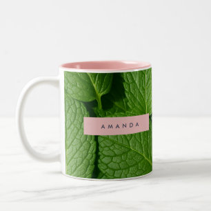 Caneca De Café Em Dois Tons Folha de Hortelã Fresca Verde Vibrante Personaliza