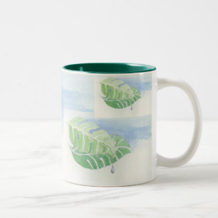 Caneca De Café Em Dois Tons Folha tropical com pingo de chuva
