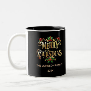 Caneca De Café Em Dois Tons Folhagem de Natal na moda Gold Foil Black Merry